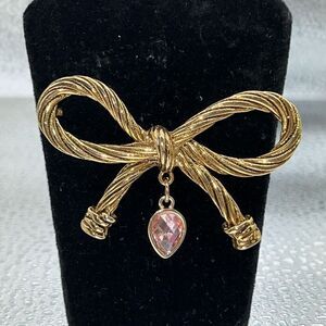 Vintage AFJ Signed Twisted Bow Brooch With Drop Pink Rhinestone Retro Classic